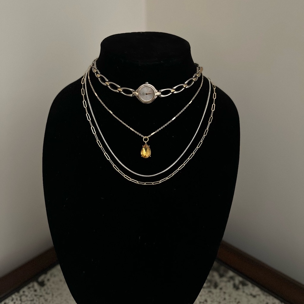 GOLDEN HOUR - Vintage Watch Choker & Silver and Gold Layered Necklace Set